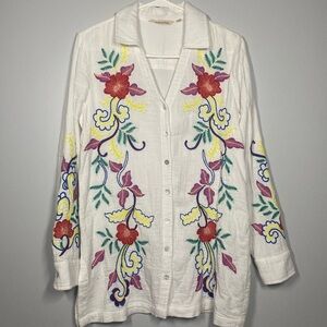 Soft Surroundings White Floral Embroidered Button Down Shirt Cotton